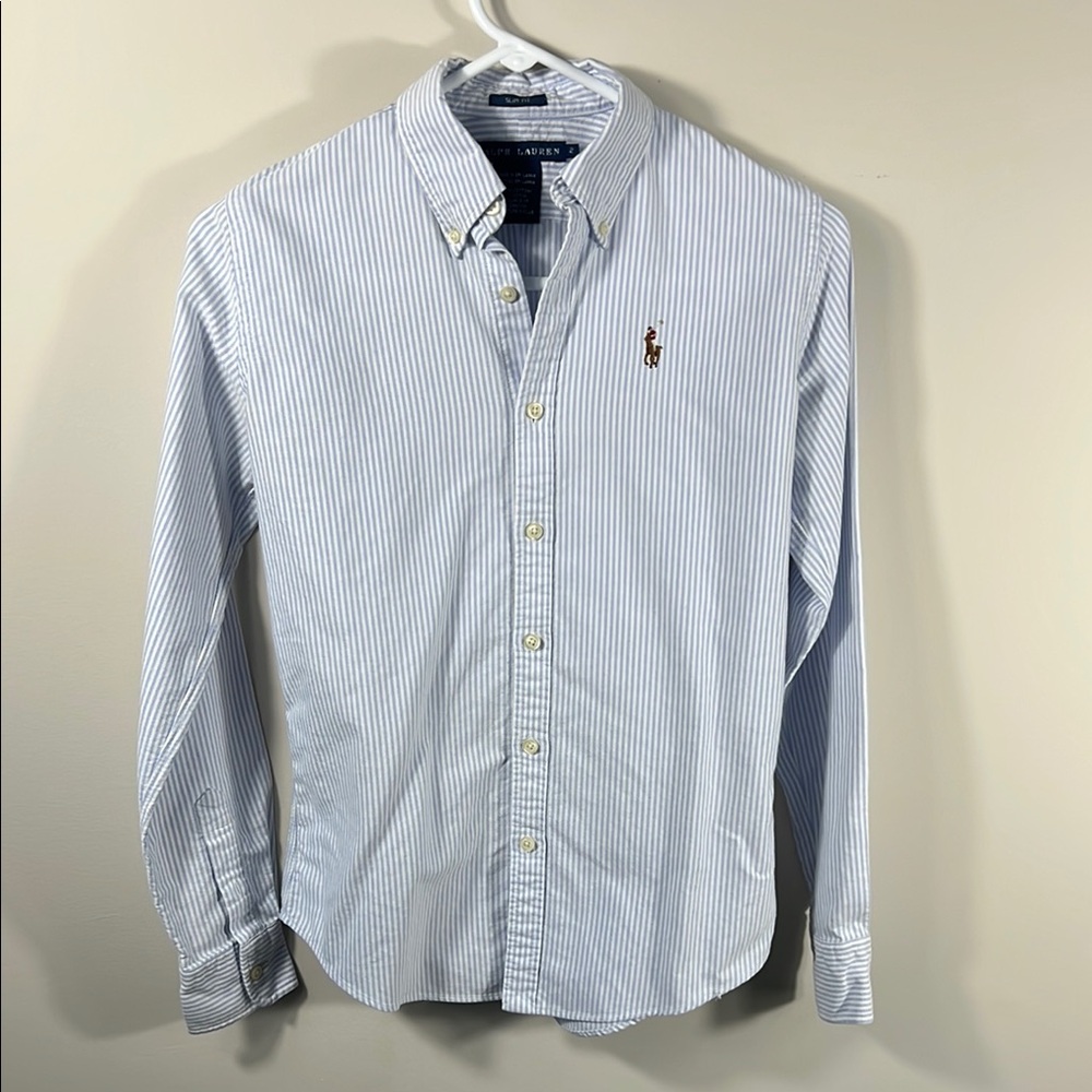Polo by Ralph Lauren Size 2 Slim Fit Light Blue Stripe Oxford Button-Down Shirt